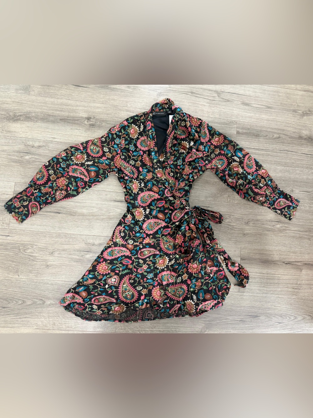New York & Company Black Wrap Floral Dress with Teal, Pink and Green Accents